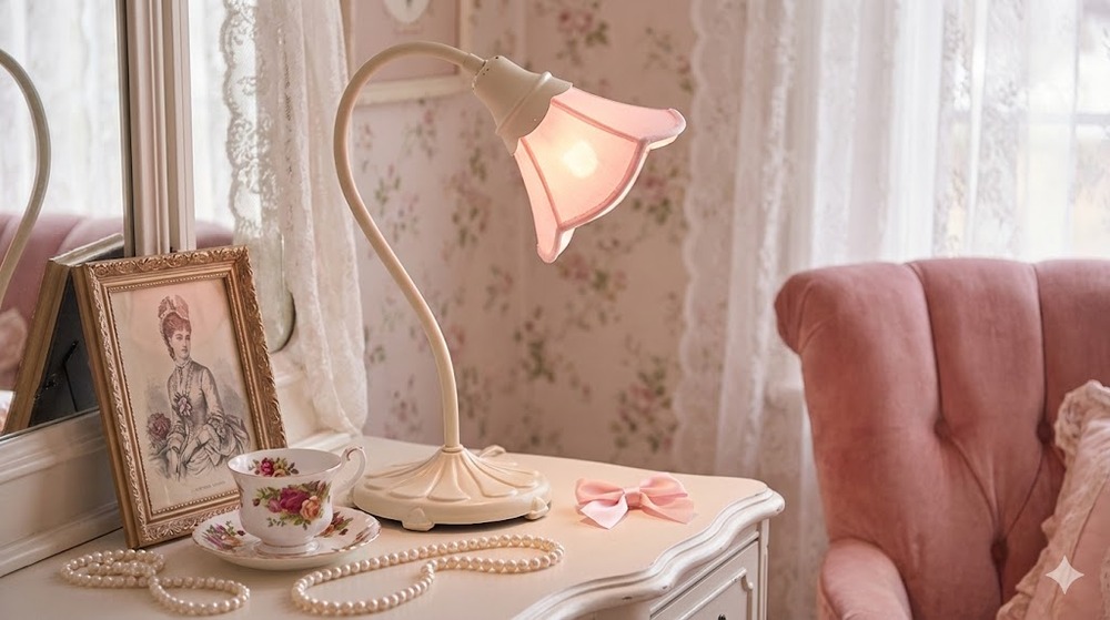 Vintage 80s Cream Gooseneck Lamp w/Pink Tulip Petal Shade fairycore coquette